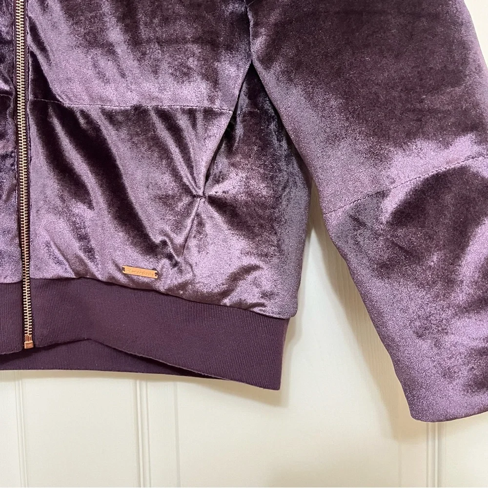 SWEATY BETTY Velvet Puffer Jacket Purple Gold Zipper Shimmer Pockets Size Small - Picture 6 of 14